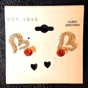 Open Heart shape with rhinestones & burnt orange studs 2 pairs